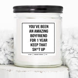You Nique Designs 1 Year Anniversary Candle For Boyfriend, 9 Ounces, One Year, 1 Year Boyfriend Anniversary Candle, White All Natural Soy Vegan Aromatherapy Candles Scented (Eucalyptus & Spearmint)