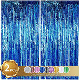 2 Pcs Blue Door Streamers Tinsel Curtain Party Backdrop Fringe Foil Wall Background for Birthday Halloween Christmas Wedding Boys Baby Shower Party Decoration(3.28 ft x 6.56 ft)