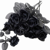 10Pcs Black Roses Artificial Flowers With Stems, Faux Silk Flowers Bridal Gothic Wedding Bouquet, Realistic Blossom Flora For Home, Office, Hotel Decorations