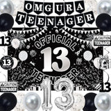13Th Birthday Decorations For Boys Girls, Black White Omg Ur A Teenager Birthday Party Decorations, Official 13 Teenager Backdrop, 13 Foil Balloons, Banner, Balloons, Hanging Swirl, Birthday Card Set