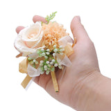 2Pcs Rose Flower Wrist Corsage Boutonniere Set Handmade Artificial Corsage Set Bride Hand Flower Men Boutonniere For Wedding Party Prom Decorations (Champagne)