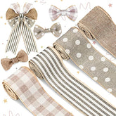 Wired Edge Ribbon 4 Rolls White Polka Dots Plaid Stripe Ribbon Rustic
