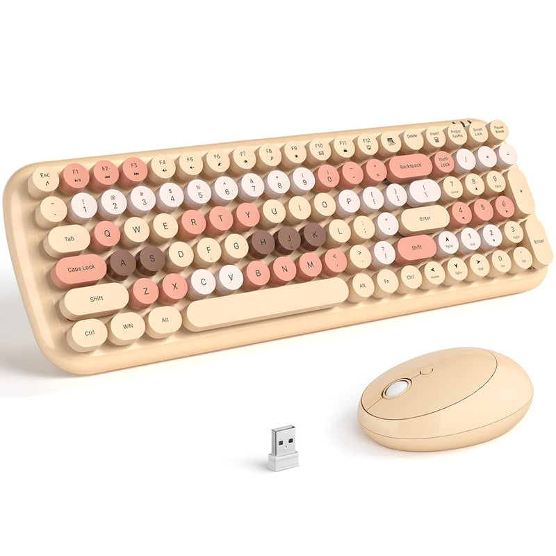 Wireless Keyboard And Mouse Combo, Milk Tea 100 Keys 2.4 Ghz Round Keycap Type