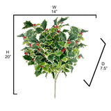 Artificial Holly Leaves With Berries Bush Bouquet - For Holiday Winter Christmas Home Decor, Faux Floral Arrangement For Crafts, Events, Funerals, Cemeteries - Set Of 2, Green