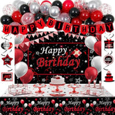 Black And Red Birthday Decorations For Men Women Boys Girls, Black And Red Party Decorations Happy Birthday Banner Backdrop Confetti Silver Balloons Arch Hanging Swirls Party Supplies Tablecloth