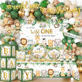 Safari Baby Shower Decorations,262Pcs Wild Birthday Decorations Jungle Baby Shower Decorations Plates And Napkin Cups Backdrop Banner Tablecloth Balloons Garland Boxes,Serves 20