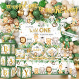 Safari Baby Shower Decorations,262Pcs Wild Birthday Decorations Jungle Baby Shower Decorations Plates And Napkin Cups Backdrop Banner Tablecloth Balloons Garland Boxes,Serves 20
