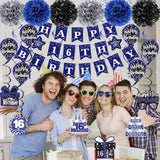 16Th Birthday Decorations For Boys Girls, Blue Happy 16Th Birthday Banner Party Decorations, Sixteen Birthday Supplies Decor Double-Sided Card Pompoms Hanging Swirl For 16 Years Teenagers Gifts 45Pcs