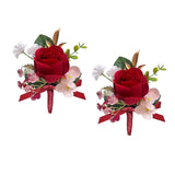 2Pcs Rose Red Boutonniere For Men, Artificial Flowers Wedding Groom Groomsmen Boutonniere For Anniversary/Prom/Rustic Wedding/Homecoming (Red)