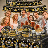 142-Pc Beer Birthday Party Set Black Gold Plates Napkins Cups Banner for Men