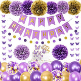 Purple Birthday Decorations For Women Girls Butterfly Hanging Garland Happy Birthday And Circle Dots Banner Purple Gold Balloons Paper Flowers Cake Toppers For Party Decor Supplies