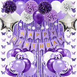 Purple Birthday Decorations For Women Girls Butterfly Hanging Garland Purple And White Silver Lavender Party Decorations Set With Happy Birthday Banner Foil Background Pompom Flower