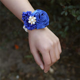 Satin Rose Bridal Wrist Corsage 2Pcs Set Hand Flower For Wedding Bride Bridesmaid Mother Sisters Wristband For Prom, Homecoming, Quinceanera, Tea Party, Bridal Shower, Formal Dinner, Blue