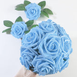 Artificial Rose, 25Pcs Foam Artificial Flowers With Stem For Home Decorations, Wedding Bouquets, Party, Certerpieces, Anniversaries-Aqua Blue
