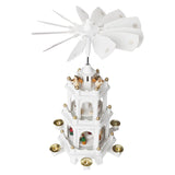 Christmas Pyramid - 18 Inches - White - Wooden Nativity Play - 3 Tier Carousel With 6 Candle Holders - Designed In Germany