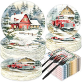 200 Pcs Christmas Plates And Napkins Christmas Vintage Tableware Set Farmhouse Snowy House Truck Door Dinnerware Set For Xmas Party Decorations Winter Holiday Birthday Party Supplies For 50 Guests
