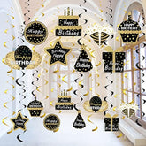 16PCS Black & Gold Happy Birthday Hanging Swirls for Men Women Ceiling Decor