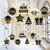 16PCS Black & Gold Happy Birthday Hanging Swirls for Men Women Ceiling Decor