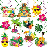 30Pcs Luau Party Decorations Hawaiian Decorations Tiki Decorations Tropical Party Decorations Luau Hanging Swirls Aloha Party Decorations, Flower Palm Flamingo Sign Foil Ceiling Hawaiian Decor