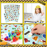 148 Pcs Construction Birthday Party Supplies Include 12 Construction Hats, 24 Truck Toys, 12 Vehicle Stickers, 12 Silicone Bracelet, 12 Goodie Bag, 24 Stamps, 50 Shovels, 1 Tablecloth,1 Tape