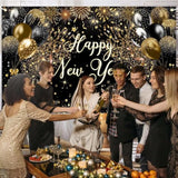 New Year 2026 Black Gold Party Banner with Fireworks Photo Props 6x3.6 Ft
