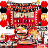 Movie Night Birthday Party Decorations,116Pcs Movie Night Party Decorations And Tableware - Movie Night Plates Tablecloth Napkins&Movie Night Party Balloons Banner Backdrop Etc Movie Night Decorations