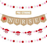 Nurse Banner, 4 Pcs Nursing Party Decorations Burlap Bunting Pennant And Felt Graduation Cap With Red Pink White Pom Pom Ball Garland Congrats Grad For Thank You Nurses Lab Week College School Decor