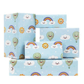 Cute Rainbow Clouds And Sunshine Float Away In A Hot Air Balloon With Smile Face On Bright Blue Wrapping Paper For Babies Boys Kids Happy Birthday Party Babay Shower, Folded Flat 30 X 20 Inch, 4