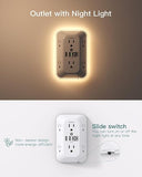 Surge Protector Outlet Extender 6 Outlets 4 USB Ports Night Light 1800J Wall Plug White