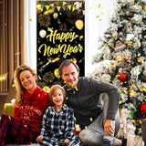 Happy New Year 2025 Door Banner Black Gold Hanging Party Decor 73x36In