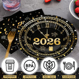 96 Pcs Happy New Year Plates And Napkins, 2026 Nye Plates Black Gold With Clock Design, Disposable Dinnerware Set Include Plate, Napkins, Fork, Happy New Year Plate For Eve Party Supplies Serves 24