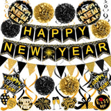 Happy New Year Paper Banner with Flags Pom Poms Streamers and Balloons