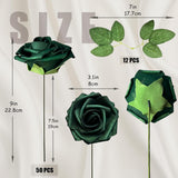 50Pcs Emerald Green Artificial Flowers Foam Fake Dark Hunt Green Rose With Stems 12 Leaves Real Looking Faux Roses For Wedding Bouquets Bridal Shower Centerpieces Arrangements Party Tables Decoration