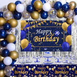 Blue & Gold Birthday Party Decoration Kit: Backdrop, Balloons, Tablecloth