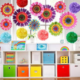 21 Pcs Spring Flower Hanging Paper Fans Flower Paper Fans Classroom Decorations Springtime Summer Tissue Pom Poms For Ceiling Wedding Birthday Party Supply Classroom Decor(Spring Flower)