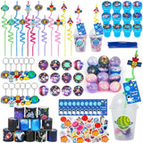 161 Pcs Space Party Favors With Cup Straws Stress Ball Space Pins Slap Bracelets Keychains Stamps Stickers Twist Ties And Gift Card For Kids Space Birthday Party Supplies (Style 1)