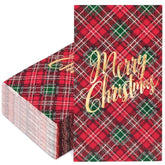 100Pcs Christmas Guest Napkin Red Green Plaid Disposable Paper Napkin Foil Gold Merry Christmas Dinner Hand Towel Napkin For Xmas Holiday Party Supplies