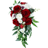 Wedding Bouquets For Bride, 10 Inch White Wine Red Calla Lily And Rose Artificial Toss Bouquet Wedding Outdoor Rustic Waterfall Cascading Bridal Bouquets For Wedding Ceremony And Anniversary