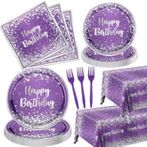 Purple And Silver Plates And Napkins Party Supplies,Purple Glitter Sliver Birthday Party Tableware Purple Dessert Plates Napkins Tablecloth Forks For Girl Women Birthday Supplies,Serve 20