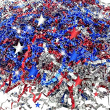 355G/12.5Oz American Patriotic Red Blue Crinkle Cut Paper With Star Confetti,Blue Red White Shred Filler Mix Raffia Tissue Craft Bedding Cushion, Party Birthday Gift Box