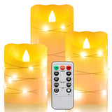 Flameless Battery Operated Led Candles With 11 Key Remote Control 24-Hour Timer Set Of 3? With Embedded String Lights Electric Flickering Pillar Real Wax ?Party, Wedding, Home Decoration(Lvory)