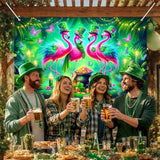 St. Patrick'S Day Banner 71X43 Inch Green Party Banner Backdrop With Pink Flamingos Clover Hats Gold Coins Butterflies And Jungle Style Scene For St. Patrick'S Decoration Photo Background