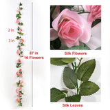4Pcs(28.8 Ft,16 Flowers) Artificial Flower Garland With White Rose, Fake Vines Silk Flower Hanging Rose Garland For Wedding Floral Arch Garden Background Engagement Ceremony Reception Decor -Pink