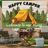 Camping Themed Party Decorations Happy Camper Banner Backdrop 5.9 X 3.6 Ft, Outdoor/Indoor Family Camp Gatherings Decor Forest Campfire Photo Background Camping Birthday Party Supplies