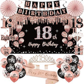 18Th Birthday Decorations For Girls, 33Pcs Black Rose Gold Happy 18Th Birthday Banner 18 Birthday Crown And Sash Balloons Backdrop Hanging Swirls Paper Fans, 18 Years Old Party Supplies Kit