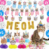 Cat Birthday Party Supplies Party Decorations Includes 1 Birthday Banner, 6 Honeycomb Centerpieces, 6 Hanging Swirls With 6 Cat Cutouts, Meow Letter Balloons And 12 Balloons