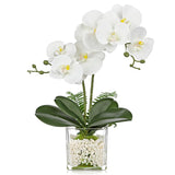 White Orchids Artificial Flowers 16.1" Faux Orchids Plant In Pot Fake Flower Arrangements With Glass Vases Small White Centerpieces For Kitchen Dining Room Tables Bathroom Nightstand Shelf Desk Decor
