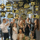 40pcs Black Gold Happy New Year 2026 Hanging Swirls Ceiling Streamers