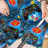 Video Game Birthday Decorations,142Pcs Gamer Birthday Party Decorations Tableware Plates And Napkins,Banner,Tablecloth,Cup,Blue Video Game Decorations For Boys Birthday Party Decorations