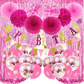 Pink Party Decorations - Happy Birthday Banner, Curtains, Paper Pompoms, Fans, Garland, Confetti Balloons